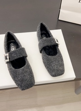 法式毛呢灰色平底毛毛鞋女2025秋冬季新款大码加绒保暖玛丽珍单鞋