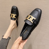 时尚 金属扣包头低跟方头半拖鞋 新款 子大码 女 女鞋 欧美风2026春夏季