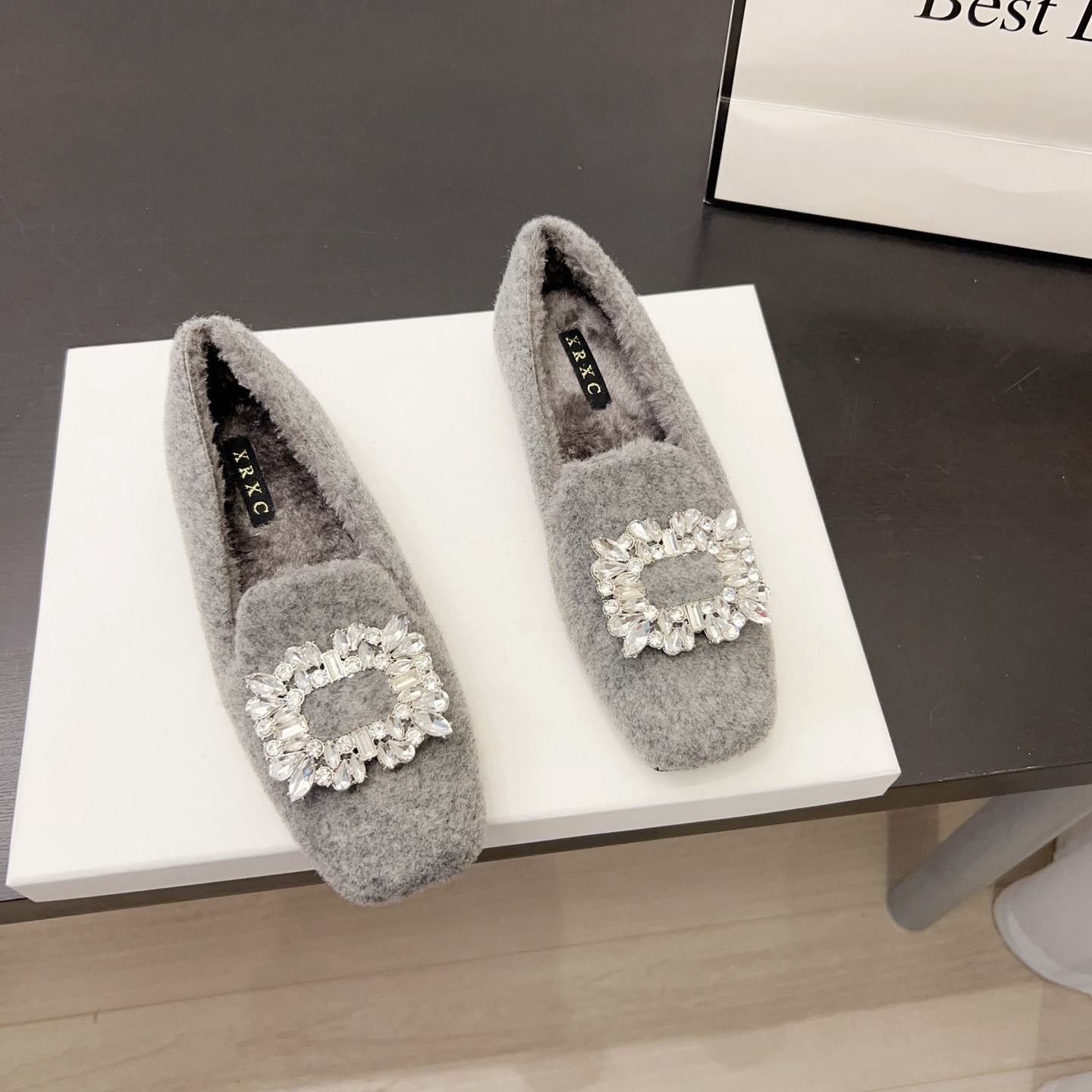 法式水钻加绒保暖毛毛鞋