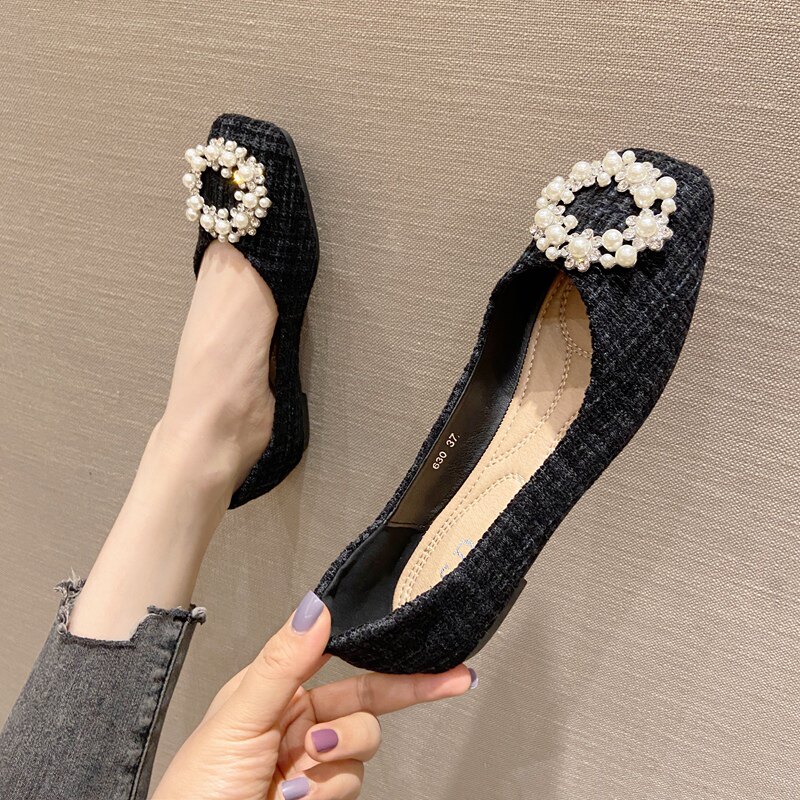 欧美风2021春夏季新款女鞋大码时尚布面水钻浅口方头平跟平底单鞋