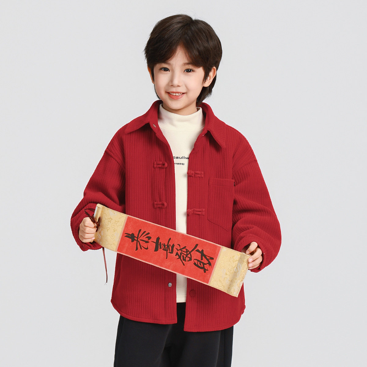 男童红色夹棉衬衫外套冬装新款保暖加厚新年服儿童男孩翻领上衣潮