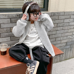 潮男童毛衣外套25秋冬新款韩版儿童加厚拉链针织开衫灰色100~160