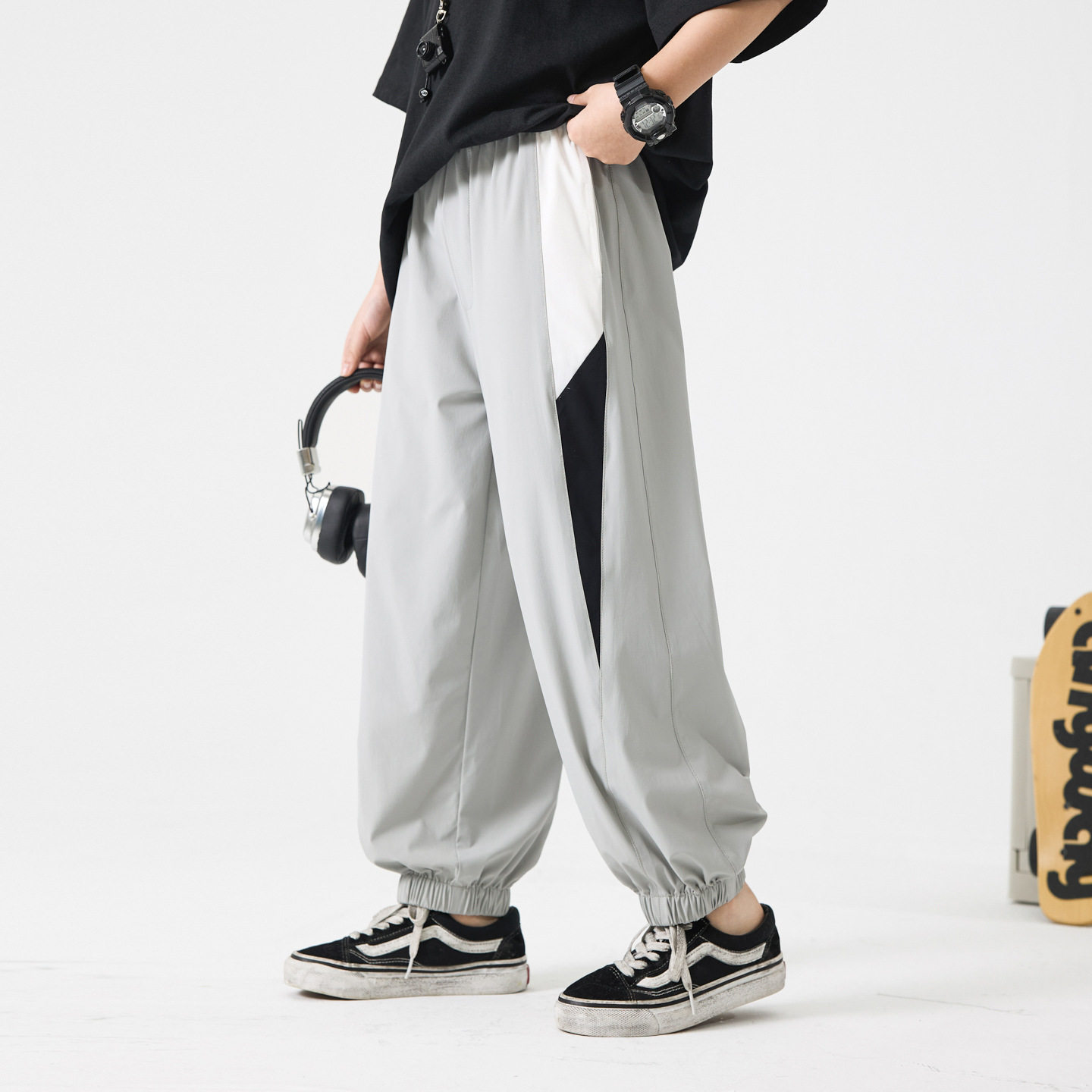 男童撞色速干运动冰丝防蚊长裤26夏男孩儿童宽松薄款休闲裤黑灰色