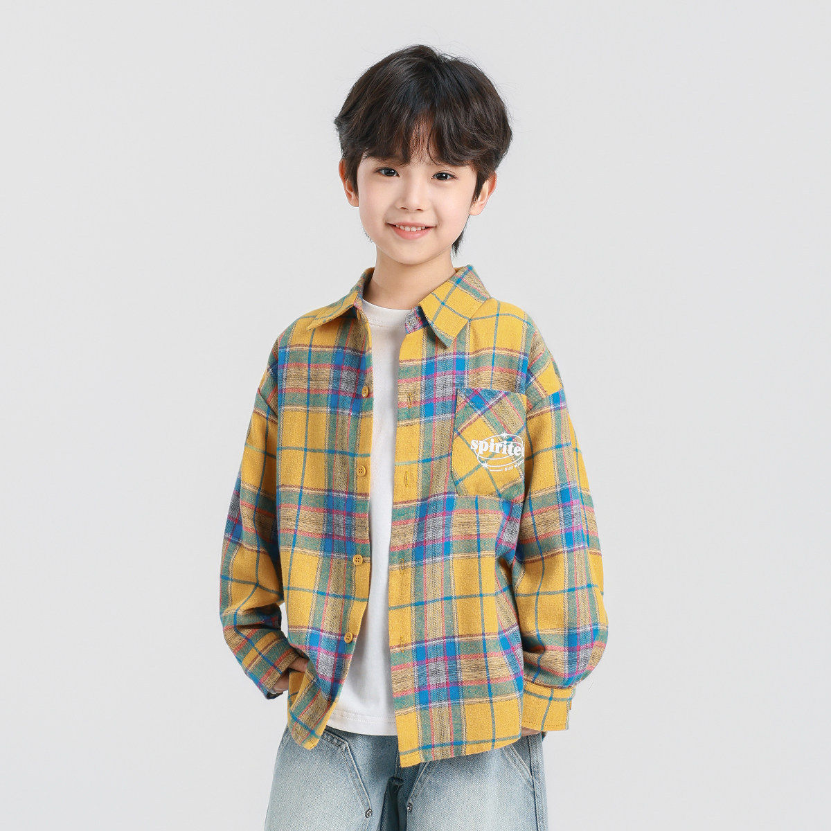男童长袖衬衫26春款儿童中大童格子上衣外套洋气休闲黄色110~160