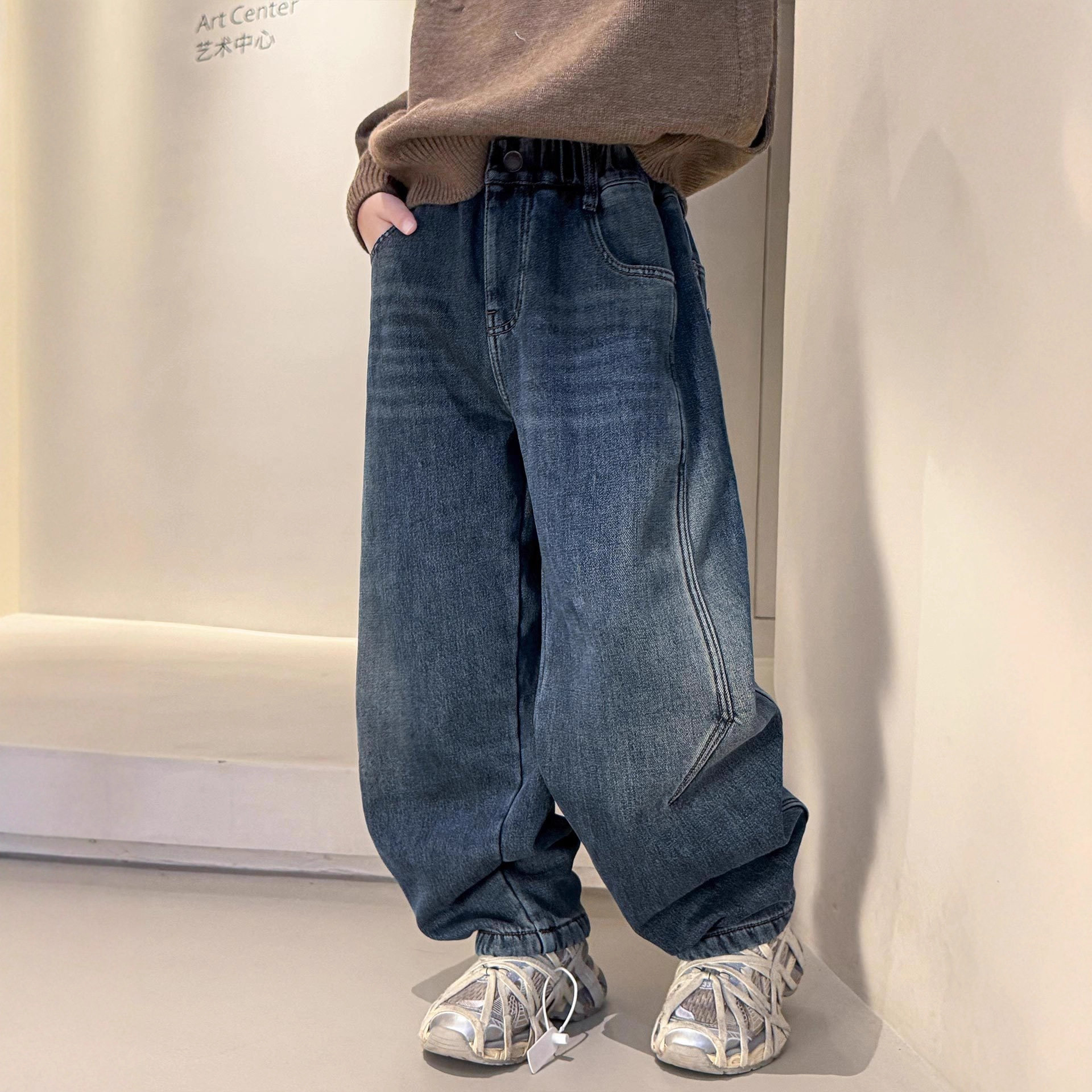 大男孩加绒牛仔裤秋冬新款