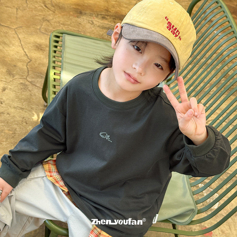 男童纯棉印花体恤衫长袖26春新款儿童T恤上衣休闲百搭果绿深灰色