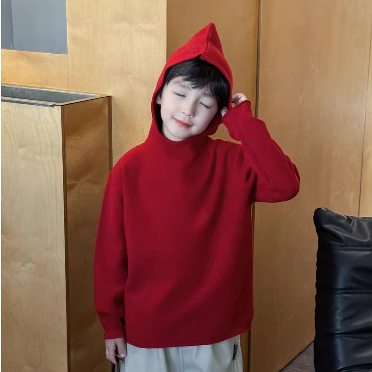 男童纯色百搭连帽针织衫中小童加厚打底内搭毛衣新年红色白灰色潮