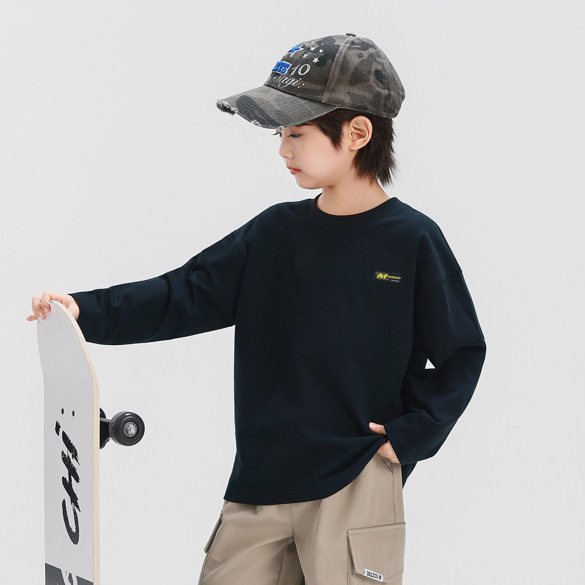 男童长袖T恤纯棉26春新款儿童中大童男孩打底衫百搭上衣潮黑色白