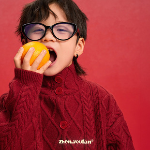 男孩红色高领毛衣套头新年款儿童单排扣编制针织衫110~170冬装潮