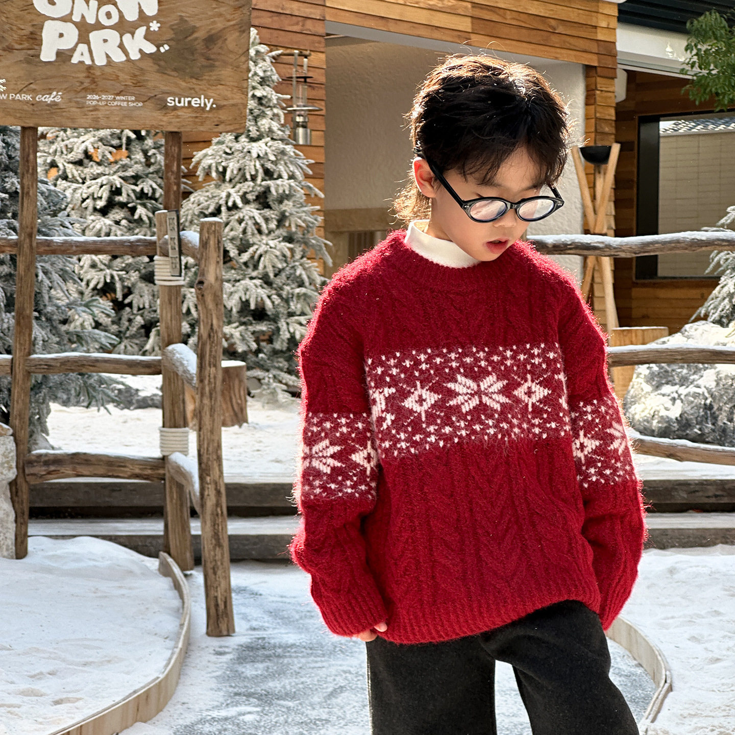 男童红色毛衣圆领冬装新款儿童加厚针织打底衫提花时尚黑100~160