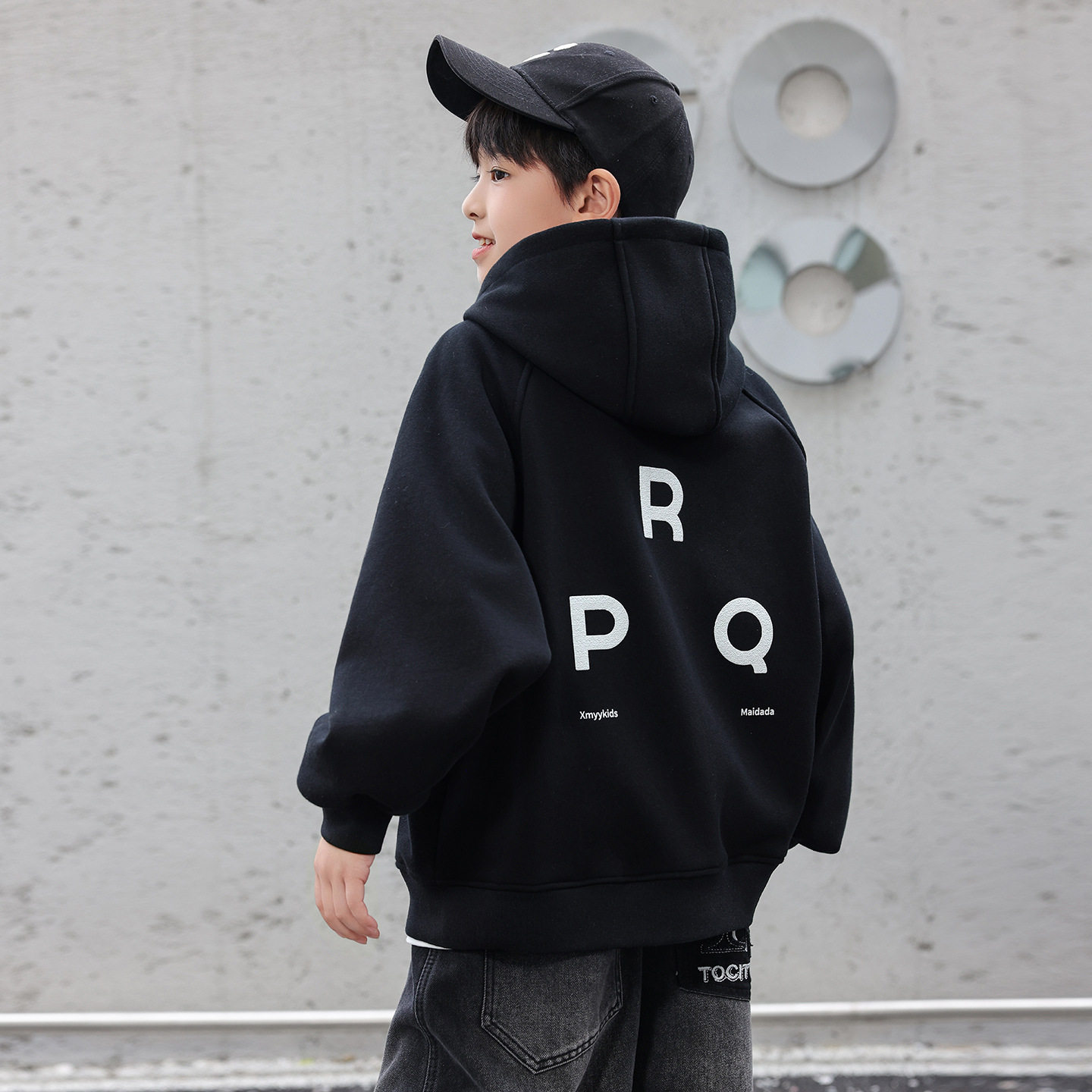 男孩连帽奥利绒卫衣潮牌男童加绒针织外套帽衫上衣绿黑色120~170