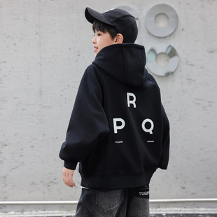 男孩连帽奥利绒卫衣潮牌男童加绒针织外套帽衫上衣绿黑色120~170