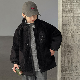 中大男童羊羔绒外套25冬款儿童夹棉加厚毛毛衣大男孩黑色130~180