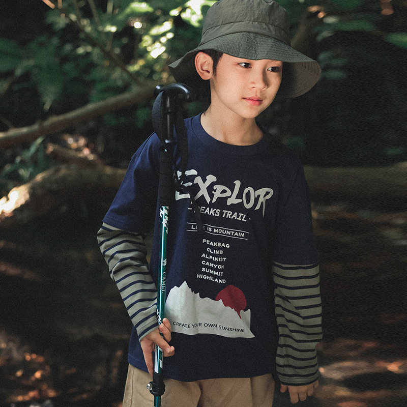 男童假两件长袖t恤26春款山系儿童圆领条纹上衣中大童撞色白色蓝