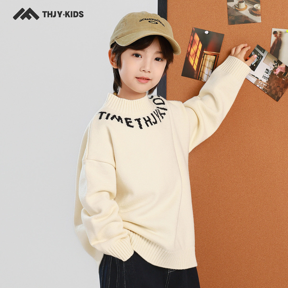 男童圆领毛衣25秋冬新款儿童男孩加厚套头针织衫红色米色110~160