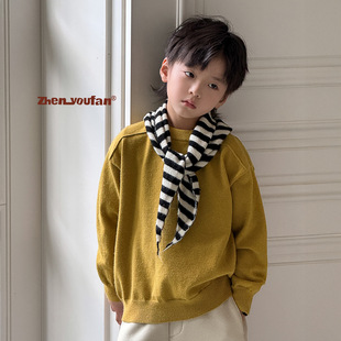 男童加厚毛衣2025秋冬新款儿童圆领针织衫休闲时尚姜黄黑白灰色潮