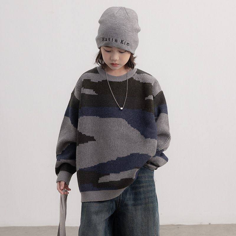 男童圆领毛衣秋冬款2025新款中大儿童打底线衣针织衫大男孩迷彩色