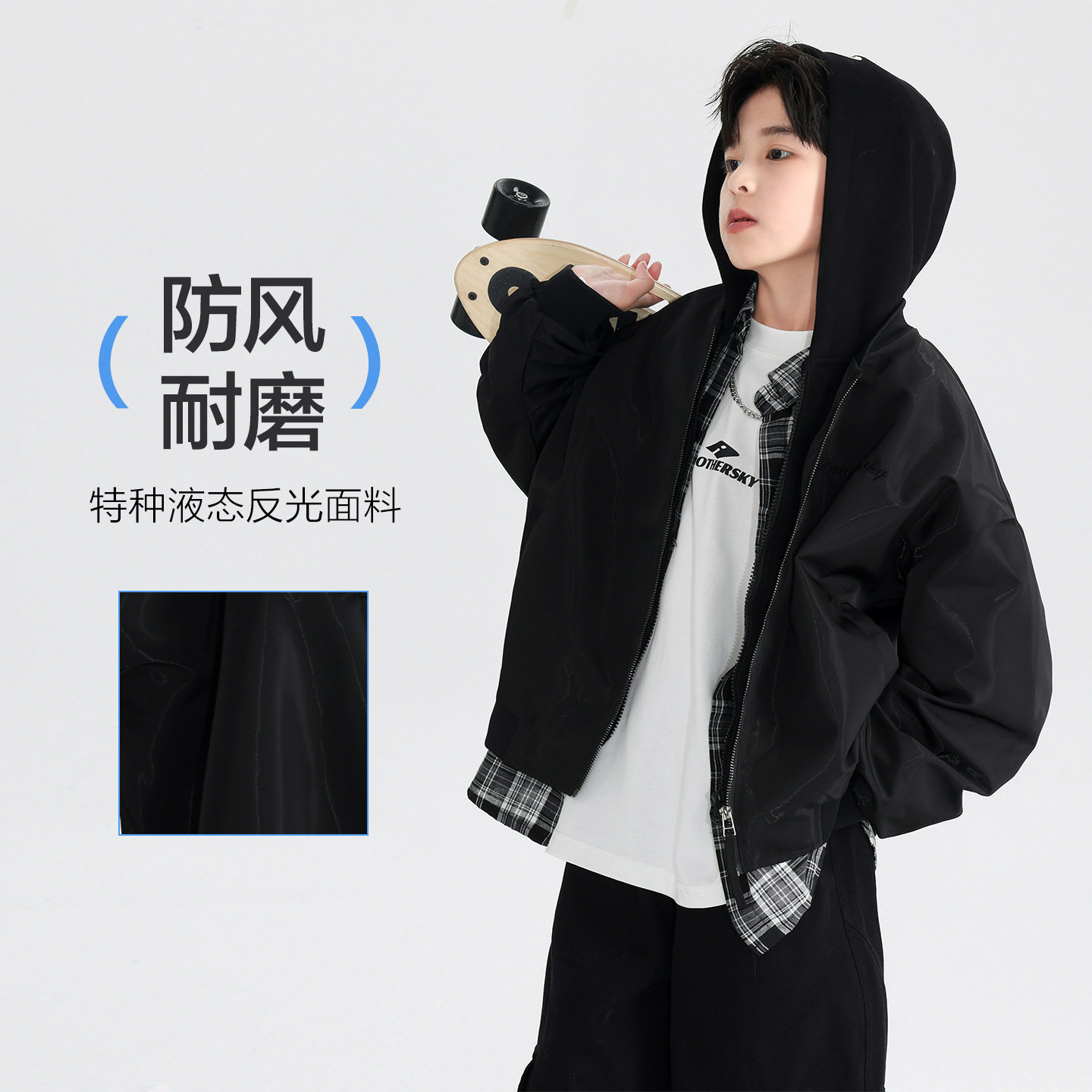 男孩假两件连帽棒球服外套26春装新款儿童防水运动夹克橄榄绿黑色