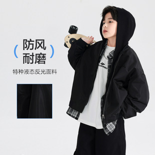 男孩假两件连帽棒球服外套26春装新款儿童防水运动夹克橄榄绿黑色