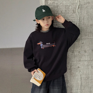 中大男童圆领加绒卫衣大儿童一体绒加厚上衣套头衫卡通休闲暗紫色