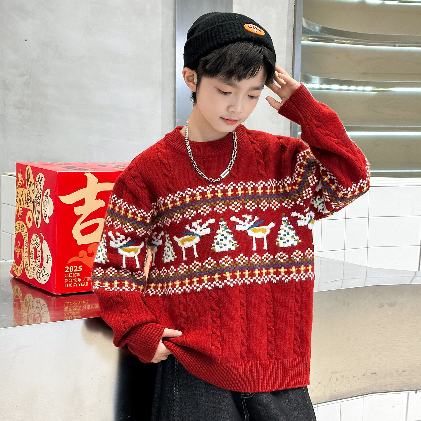 男童红色毛衣本命年冬季加厚儿童新年衣服中大童男孩针织打底衫潮