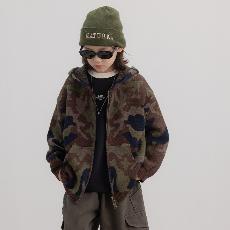 男童开衫毛衣秋冬款2025新款中大儿童宽松针织外套男孩迷彩色帽衫