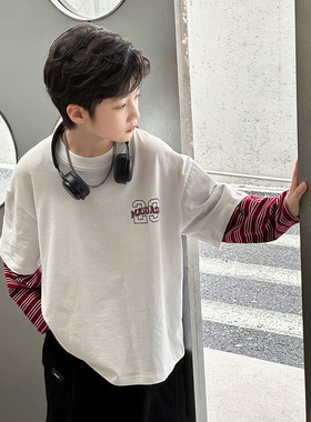 男童拼条纹假两件T恤26春新款韩版中大男童拼接体恤上衣120~170潮