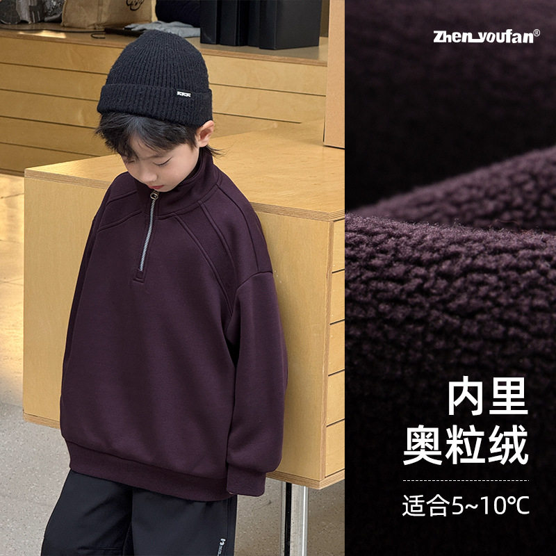 大男孩加绒卫衣休闲保暖男童半高领紫色上衣套头衫深灰色110~170