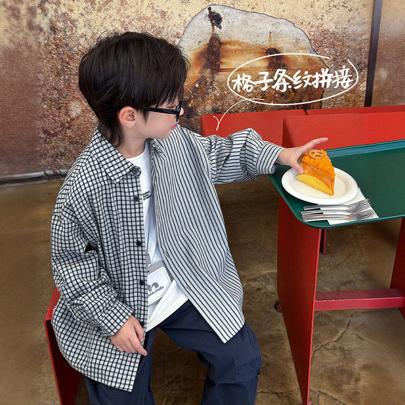 中大男童长袖格子衬衫条纹格子韩版休闲潮宝男孩百搭衬衣110~170