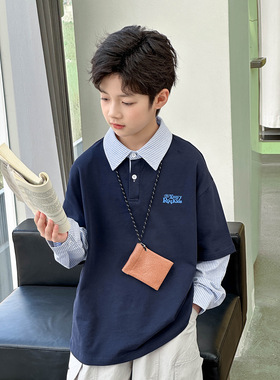 男童假两件拼接T恤男孩洋气百搭印花上衣韩版休闲体恤衫120~170春