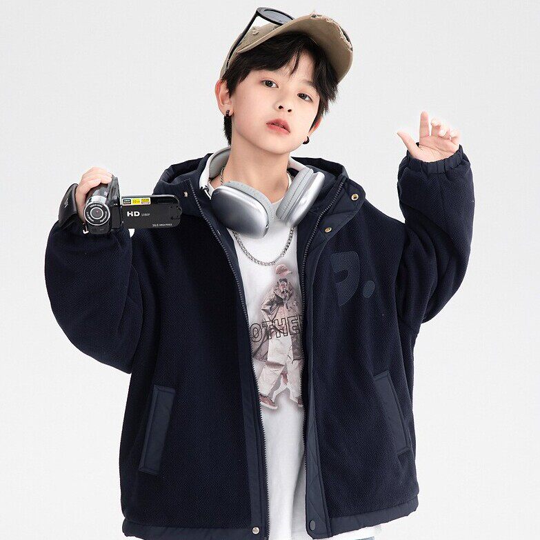 中大男童夹棉外套秋冬摇粒绒拼接2025新款男孩儿童加厚棉服藏青色