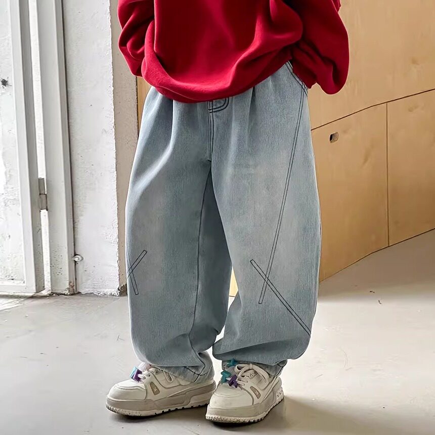 男孩加绒牛仔裤冬装新品儿童一体绒休闲直筒裤蓝色休闲120~170潮