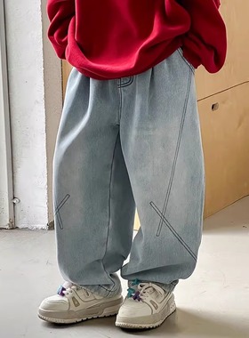 男孩加绒牛仔裤冬装新品儿童一体绒休闲直筒裤蓝色休闲120~170潮