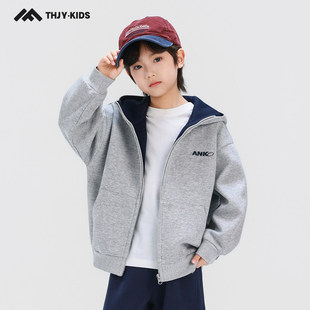 男童拉链外套春装儿童连帽卫衣开衫运动男孩休闲上衣灰色110~160