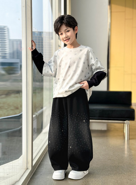 26春新款男童满印拼色T恤套装中大童潮t烫钻休闲裤两件套120~170