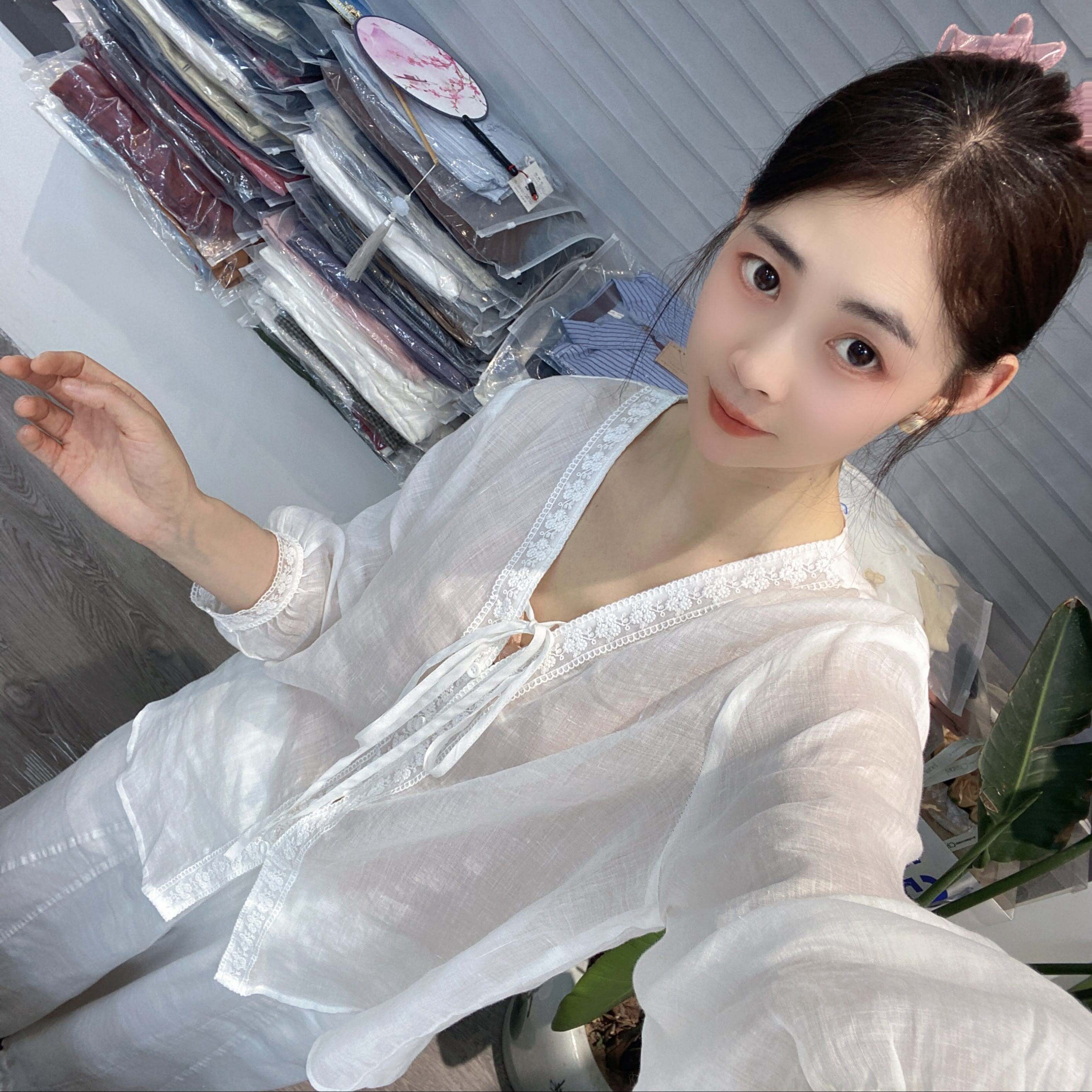兜兜[苎麻上衣合集]高夏季新款苎麻短袖百搭衬衫女(C401-C450）