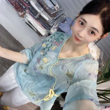 兜兜[苎麻上衣合集]高夏季新款苎麻短袖百搭衬衫女(C451-C500）