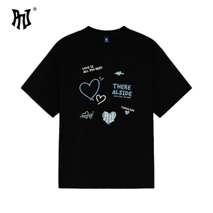PNJ潮牌爱心刺绣短袖重磅纯棉美式复古宽松T恤男女款情侣半袖上衣