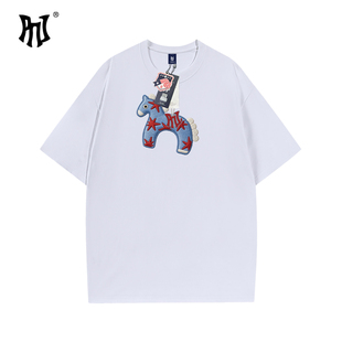 2026年PNJ重磅纯棉短袖T恤男女圆领小马印花宽松潮牌设计感上衣