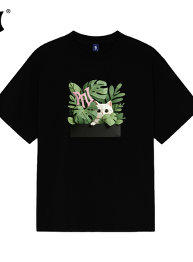 PNJ潮牌纸艺风猫咪绿植印花短袖T恤小众设计感圆领宽松型男女上衣