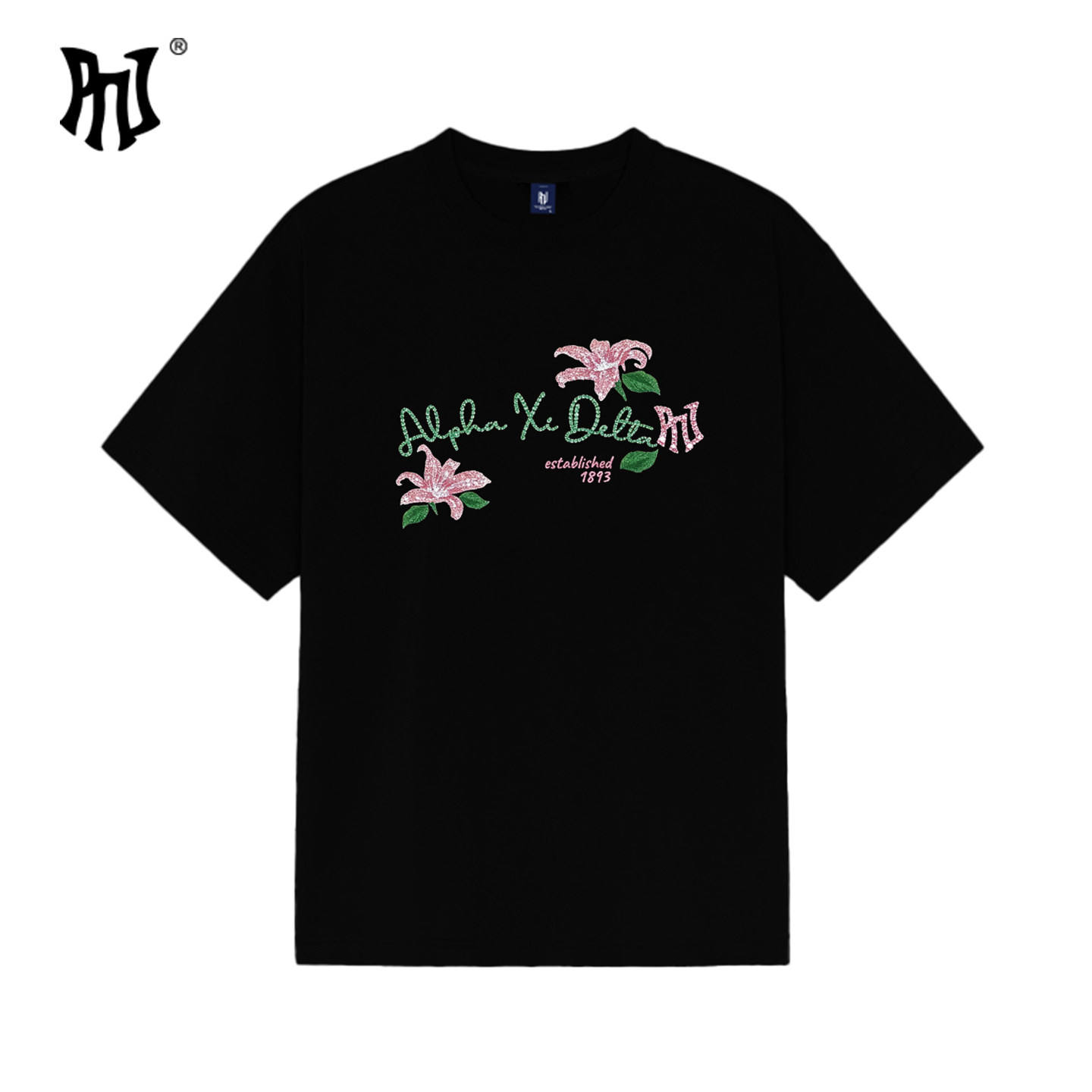 PNJ潮牌烫钻感粉色百合字母印花短袖T恤夏季宽松纯棉甜妹情侣短袖