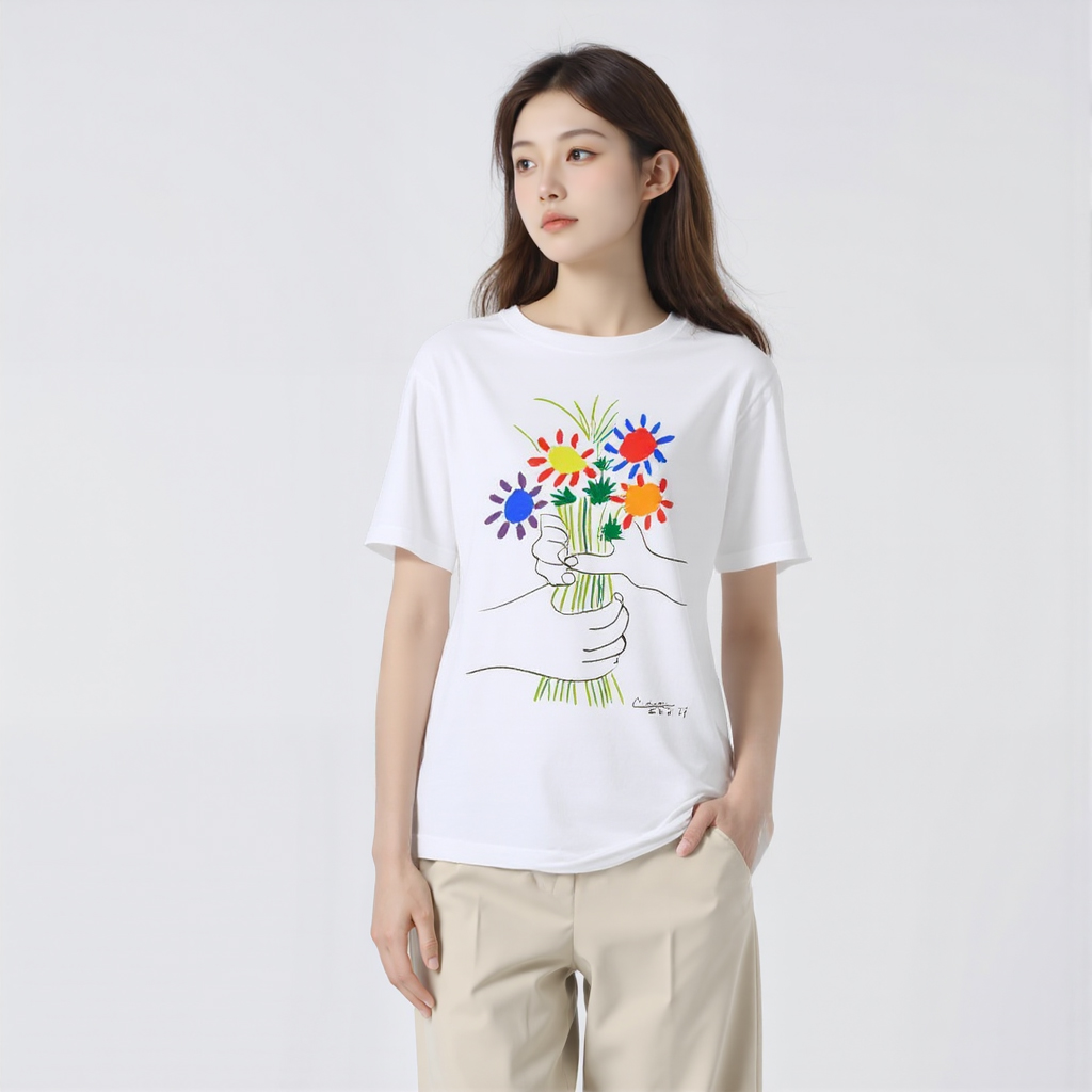 官网99！男女情侣款有爱花朵印花短袖T恤圆领百搭宽松上衣479182