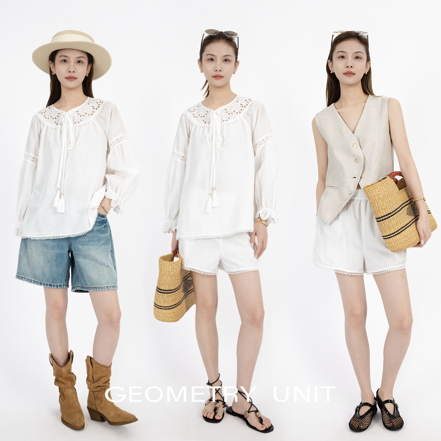 几何单元镂空刺绣桑蚕丝混纺白色上衣女2026夏季新款三分短裤两件