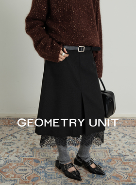 几何单元高腰a字中长款秋冬半裙黑色蕾丝拼接小个子半身裙子女