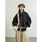 几何单元 宽松翻领夹克外套女 黑色复古老钱风荔枝纹PU皮衣时尚