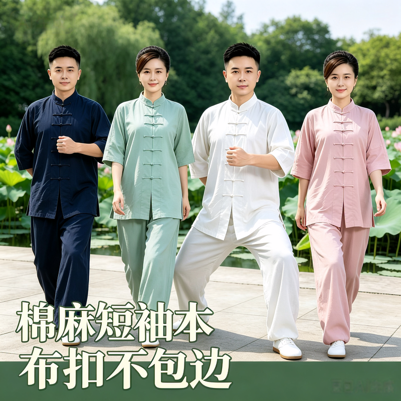 夏季棉麻短袖太极拳太极服女款吸汗透气本布扣练功晨练武术服