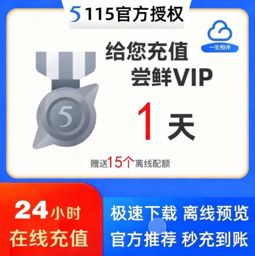 115网盘尝鲜VIP1天体验会员 115日卡1天会年员 非115扩容5T空间卡