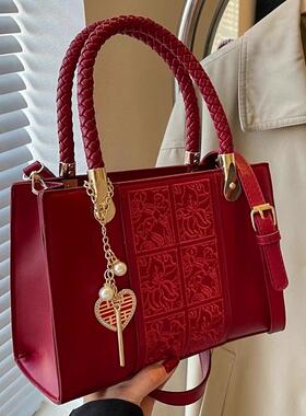 红色手提新娘结婚包时尚喜字托特大包包女2025新款秋冬百搭斜挎包