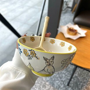 陶瓷碗手绘釉下彩浮雕碗女士学生家用米饭碗儿童碗大 可爱卡通日式