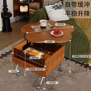中复古实木花瓣可折叠移动茶几柜法式客厅沙发边阳台矮桌子小推车